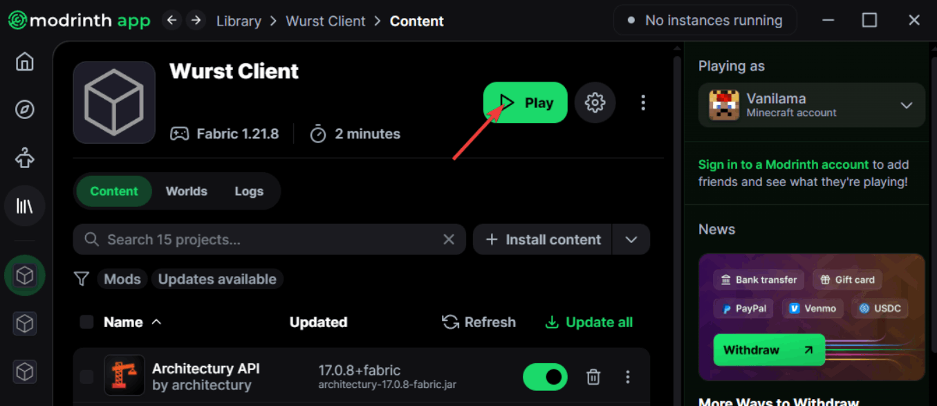 Play button to launch your modpack
